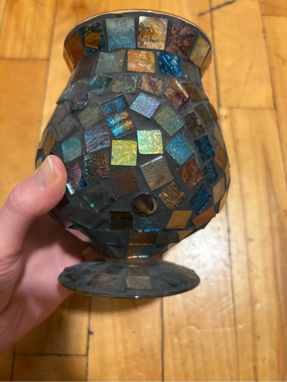 Mosaic Glass Votive Holder - Iridescent Blue & Gold